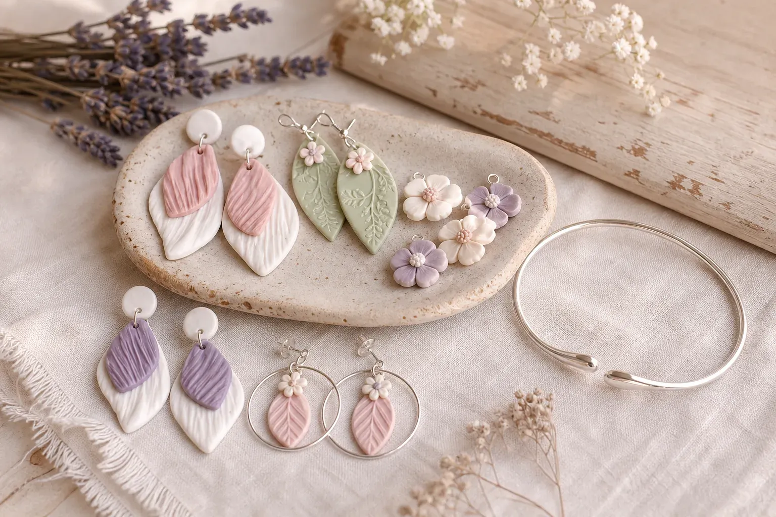 Selección de pendientes, flores y pulsera artesanal sobre una bandeja cerámica