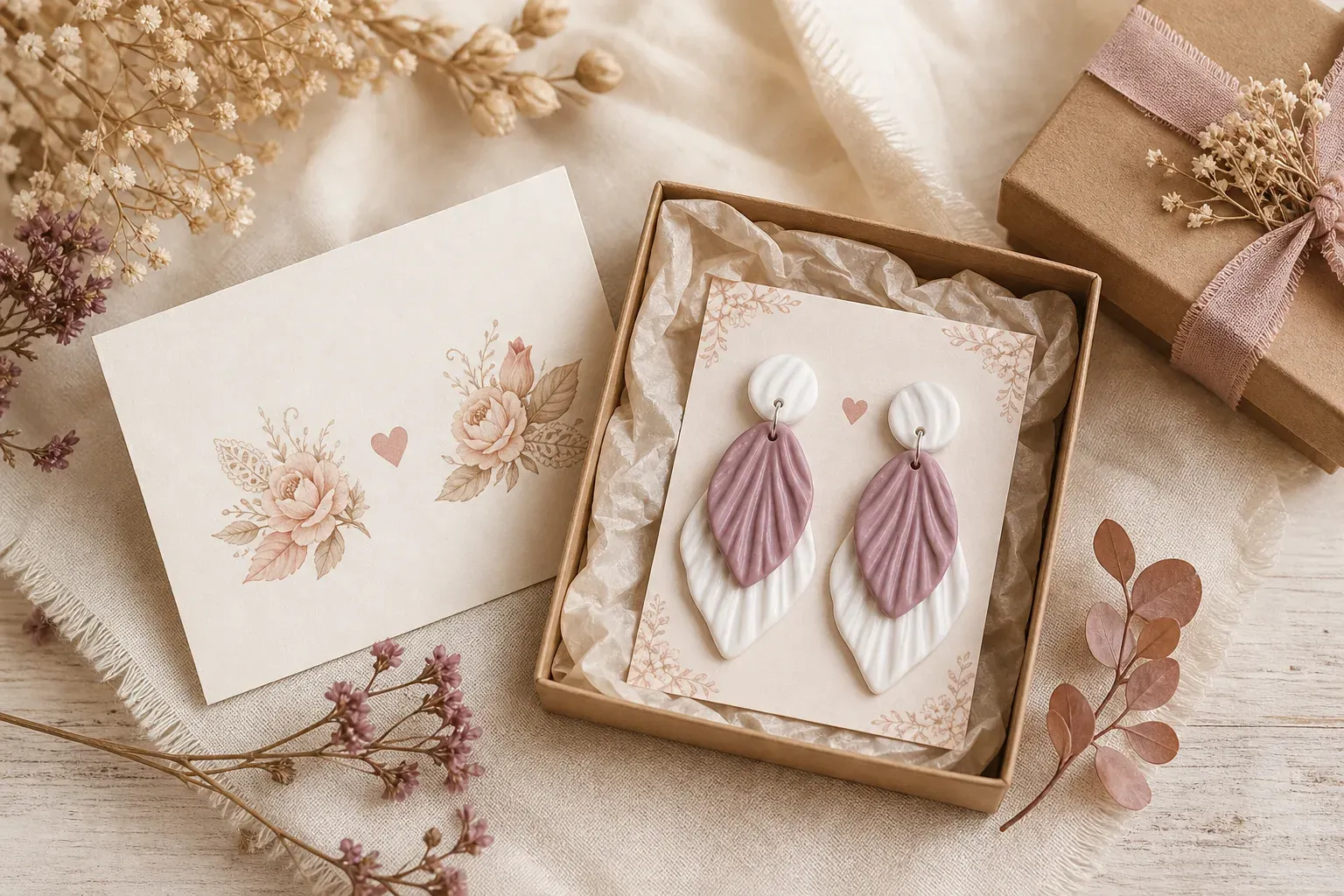 Pedido artesanal preparado con pendientes, tarjeta decorativa y flores secas