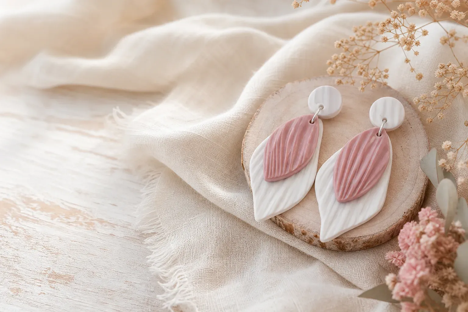 Pendientes artesanales de hojas en tonos rosa e ivory sobre lino claro